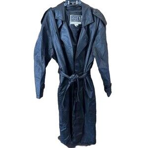 Fashion Elements Men XL Black Leather Trench Coat Belt Long Sleeve Pockets Zip